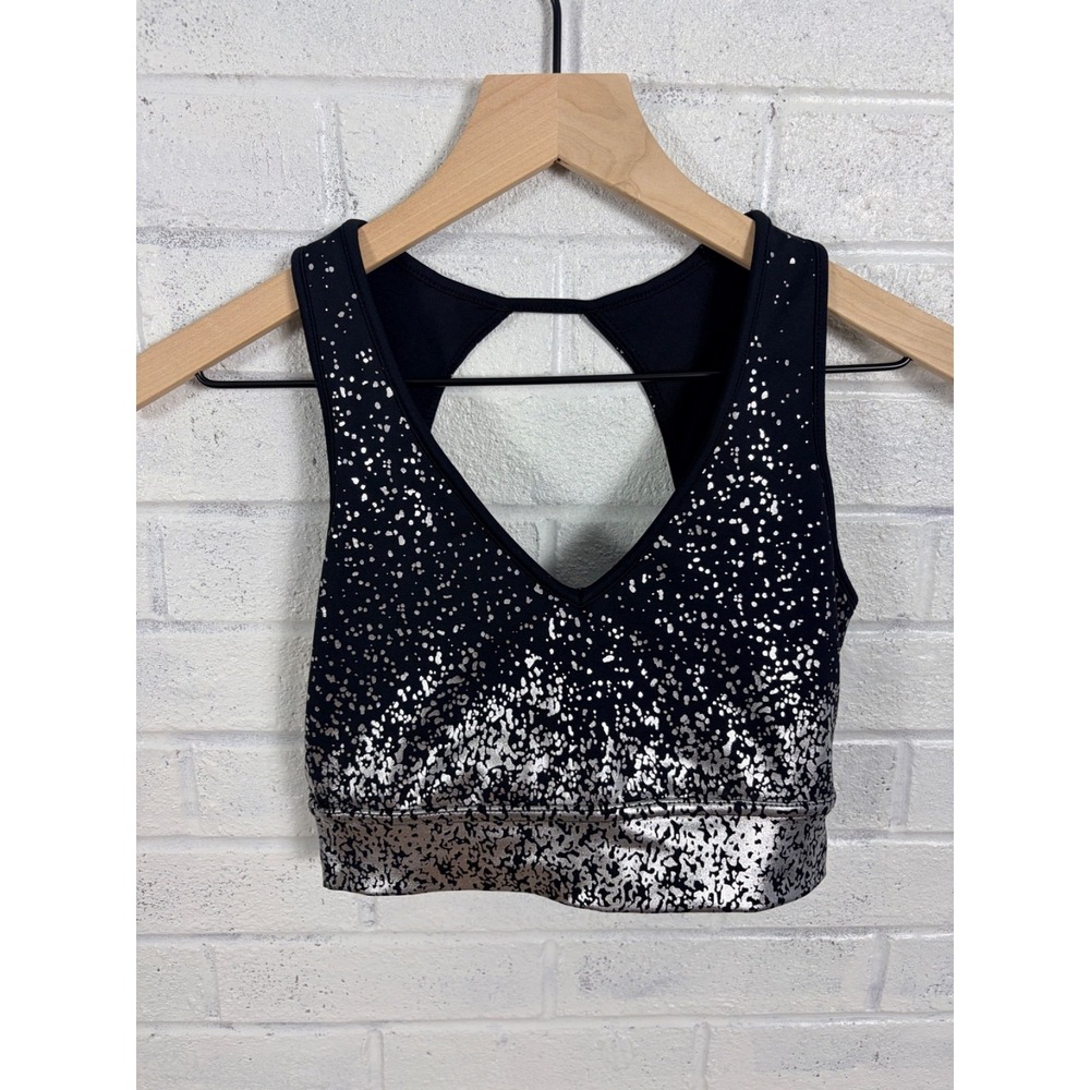 BuffBunny Collection Sports Bra Womens S Black Silver Foil Keyhole Splatter